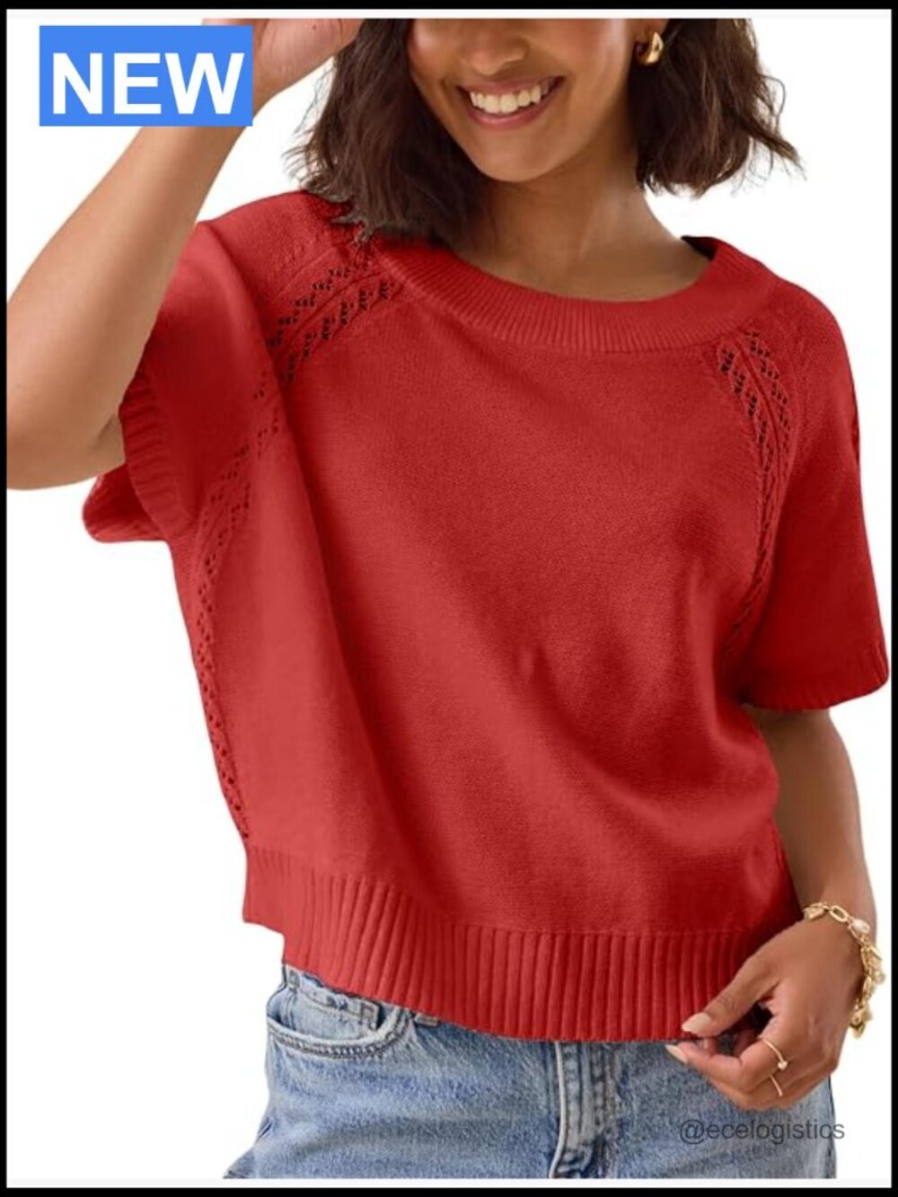Knit Crochet Top Short Sleeve Crew Neck Pullover Sweater Blouse